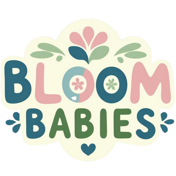Logo for 'Bloom Babies' with floral designs on a light yellow background