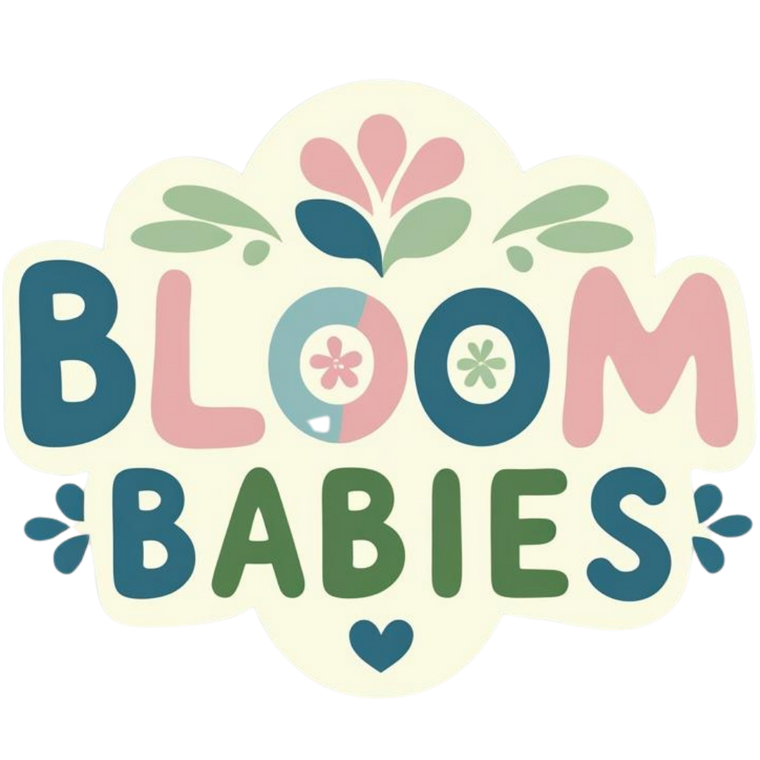 Logo for 'Bloom Babies' with floral designs on a light yellow background